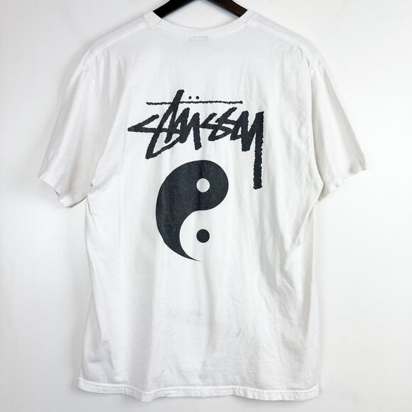 Stussy Yin Yang White Tee Shirt Mens FLAWS - L - Picture 7 of 10